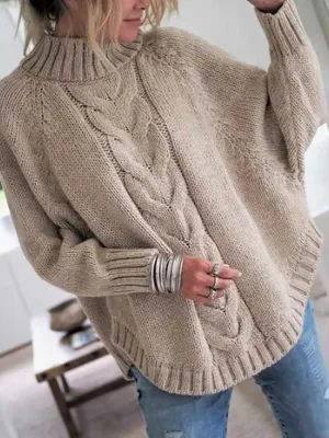 Stunncal Batwing Sleeve Half High Neck Twist Knit