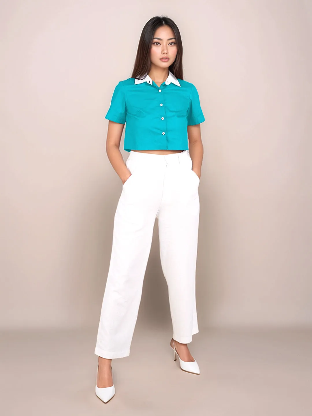 Teal Solid Short Sleeves Shirt
