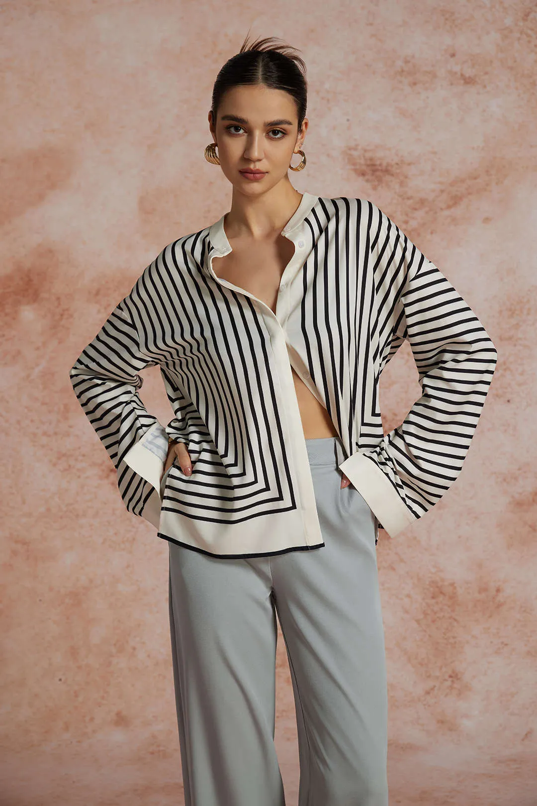 Thalia - Modern Satin Elegance Woman's Long Sleeve Shirt