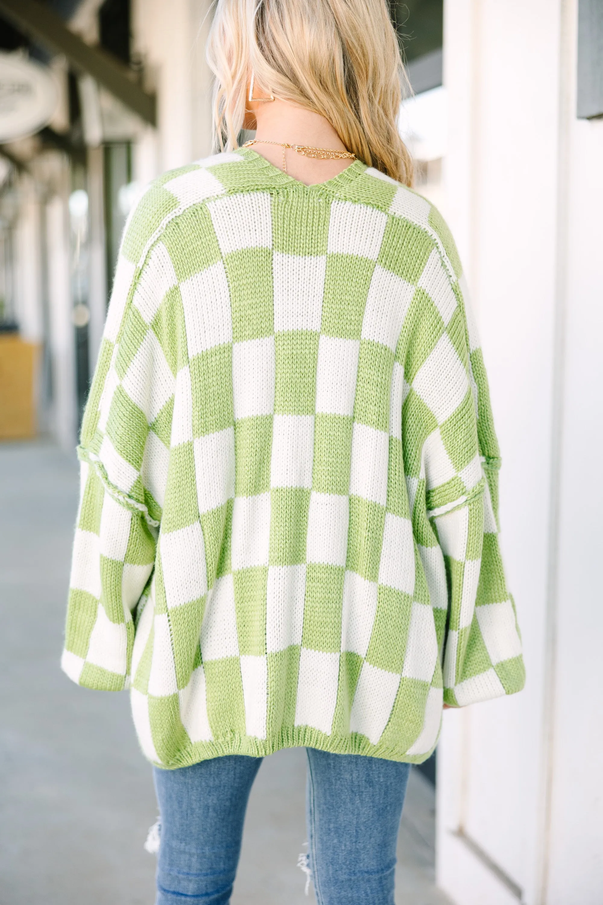That's Life Sage Green Checkered Cardigan