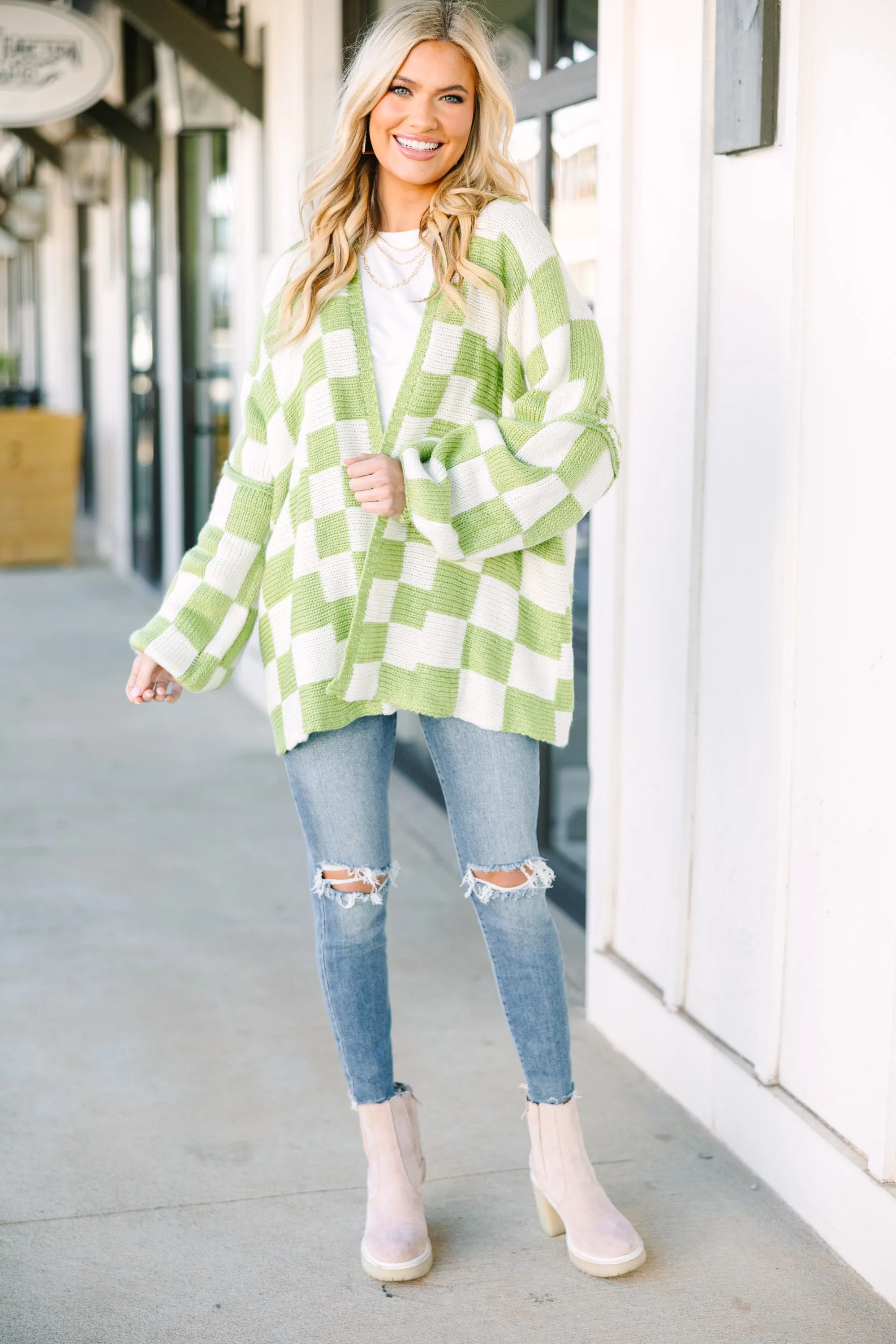 That's Life Sage Green Checkered Cardigan