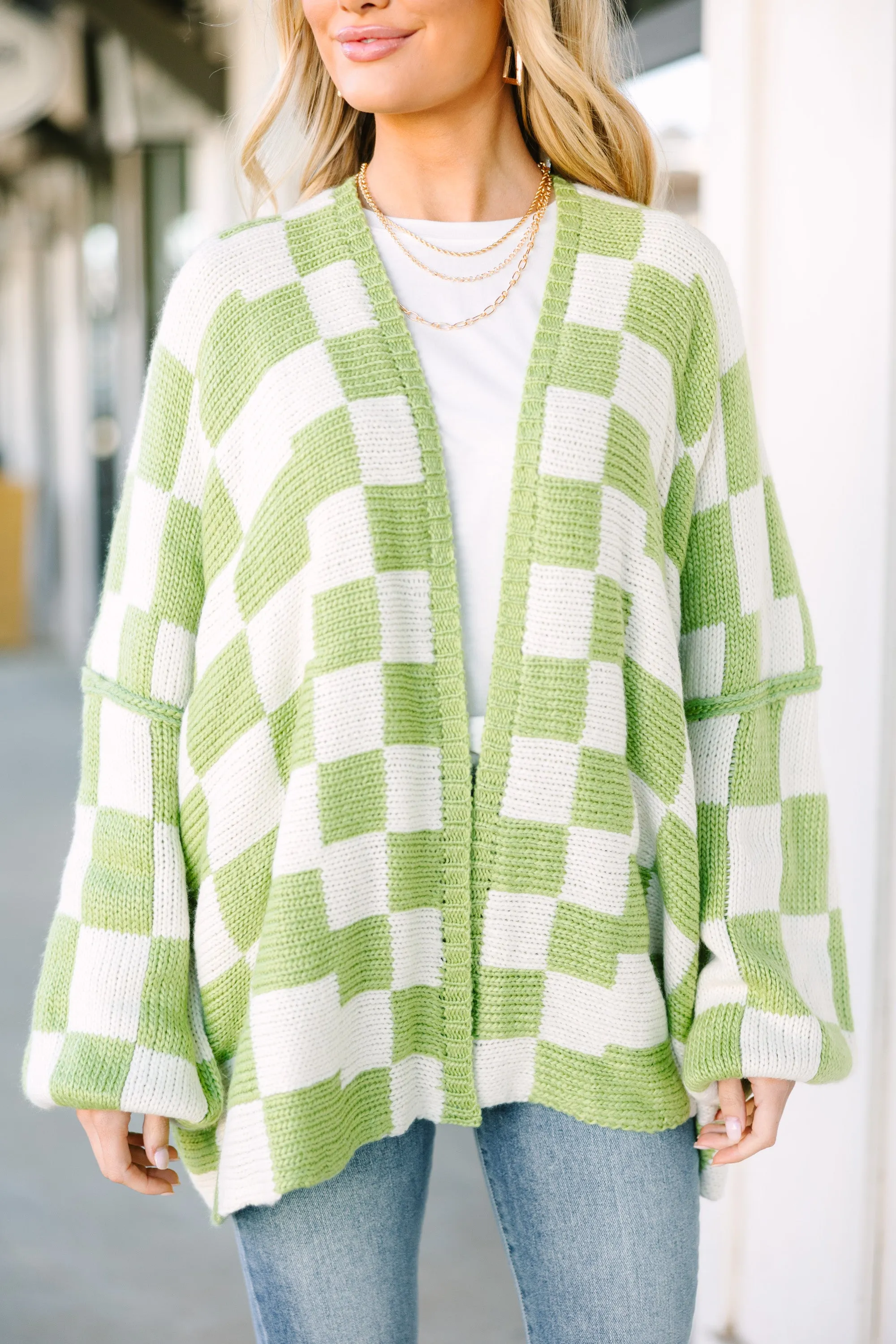 That's Life Sage Green Checkered Cardigan