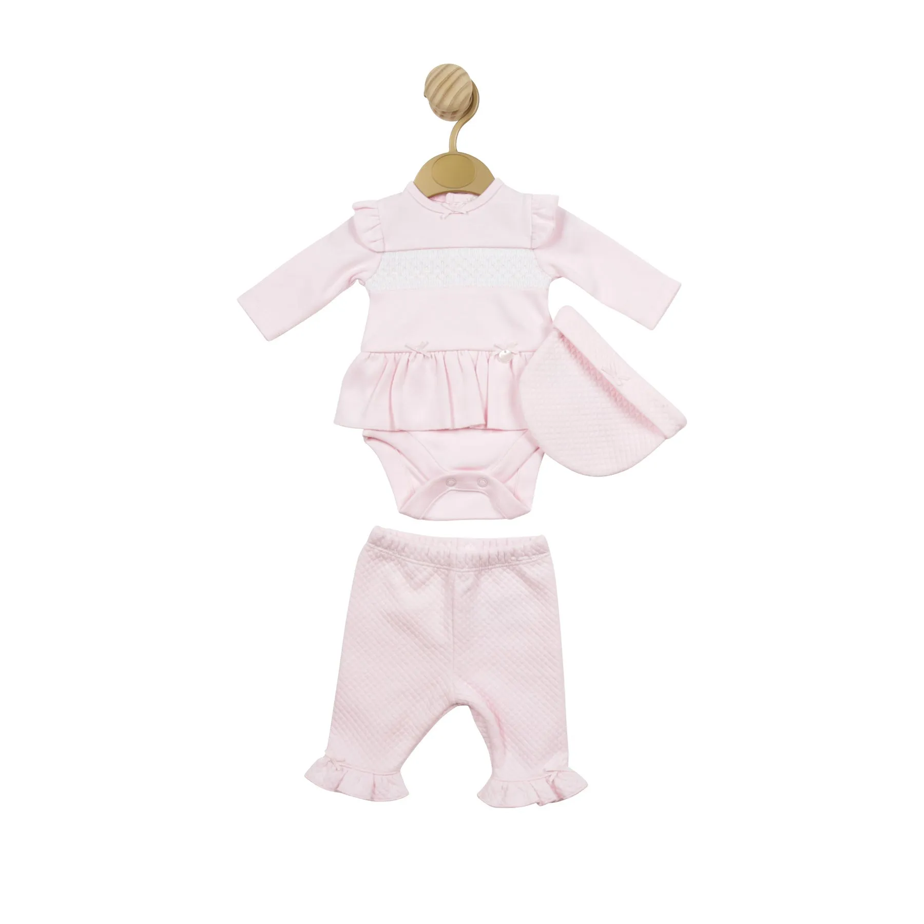TRADE SHOW MB5145 Pink Smocked Tiny Baby Bodysuit with Waffle Leggings and Hat