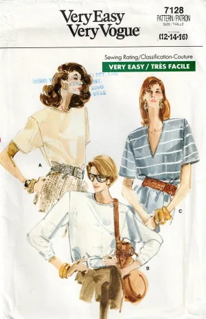 Very Easy Vogue 7128 Womens Pullover Blouses 1980s Vintage Sewing Pattern Size 12 - 16 UNCUT Factory Folded