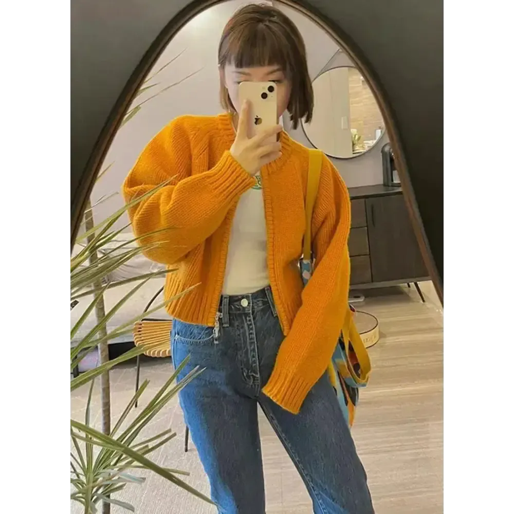 Vibrant Solid Orange Knitted Cardigan with Crew Neck Design