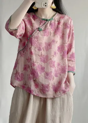 Vintage Pink Print Linen Oriental Blouses Bracelet Sleeve