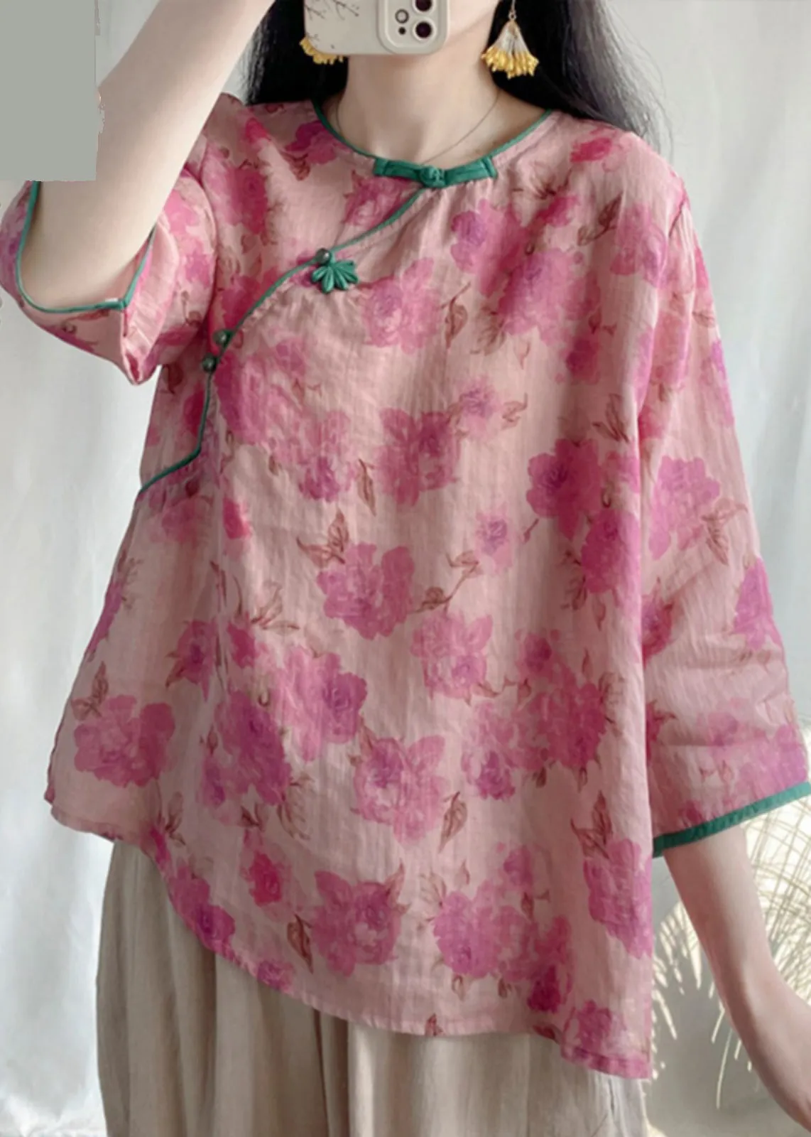 Vintage Pink Print Linen Oriental Blouses Bracelet Sleeve