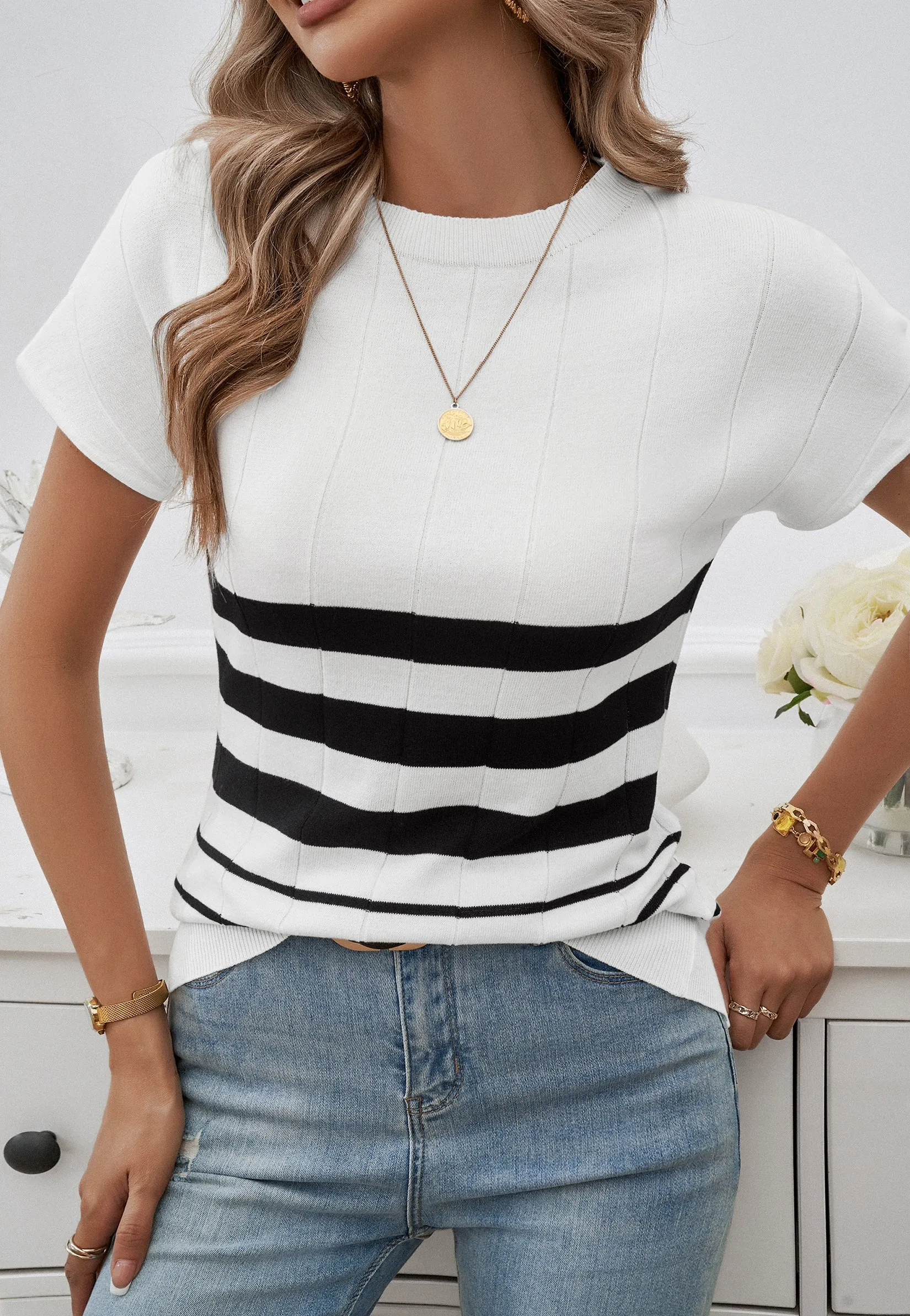 White & Black Striped Top