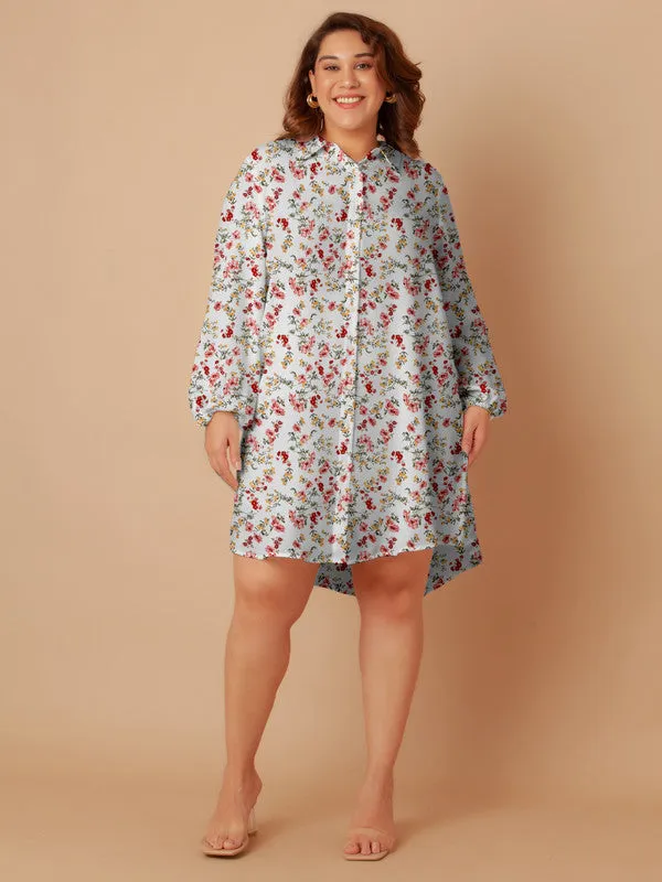 White Floral Print Buttoned Long Shirt