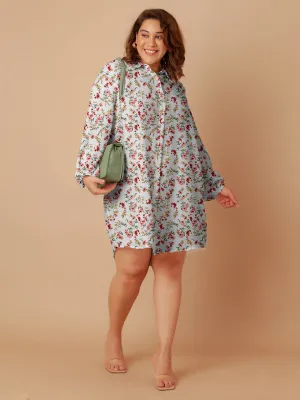 White Floral Print Buttoned Long Shirt