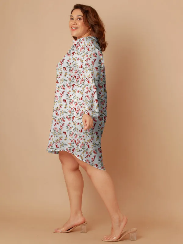 White Floral Print Buttoned Long Shirt