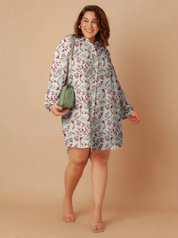 White Floral Print Buttoned Long Shirt