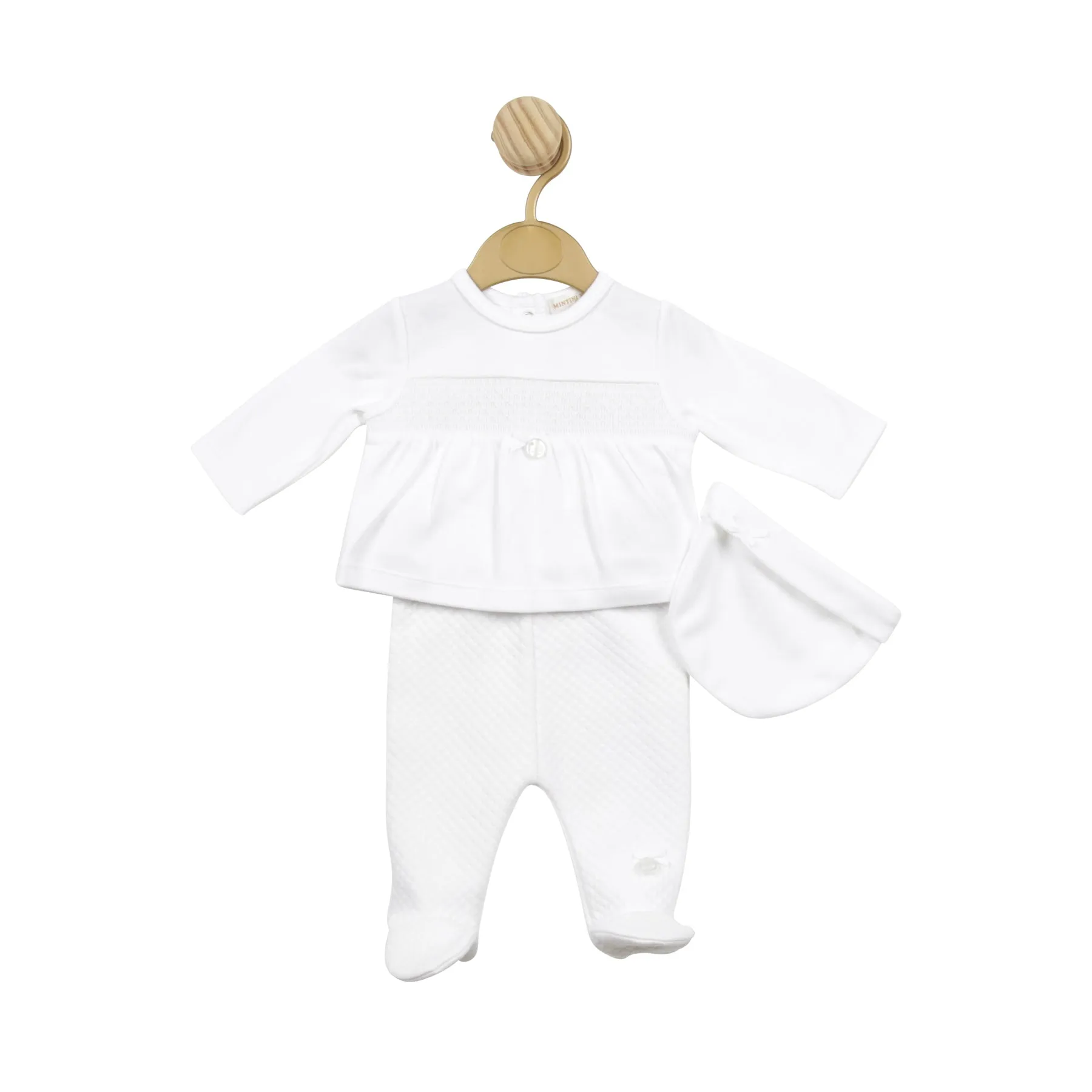 White Smock Waffle Tiny Baby Top, Pant and Hat