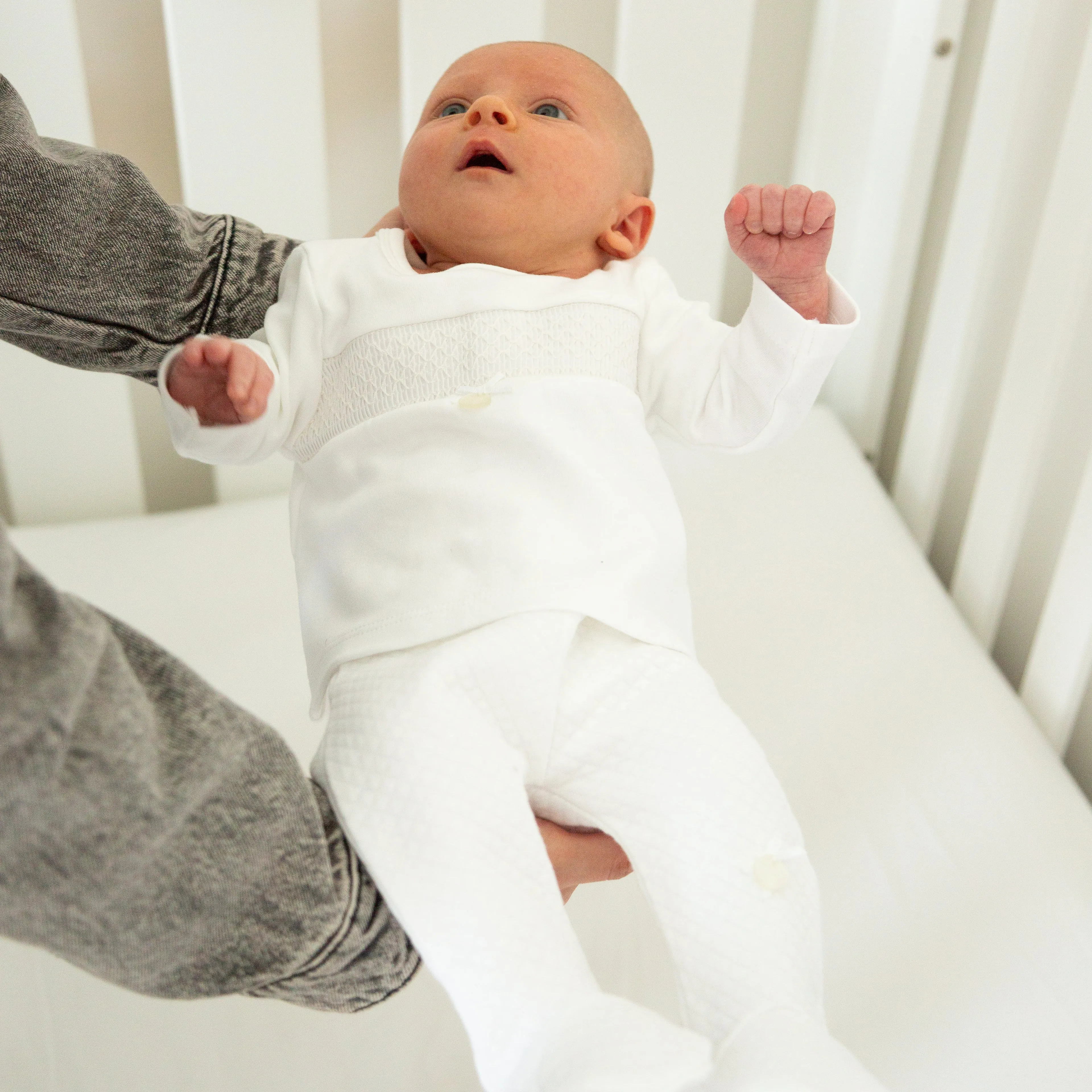 White Smock Waffle Tiny Baby Top, Pant and Hat