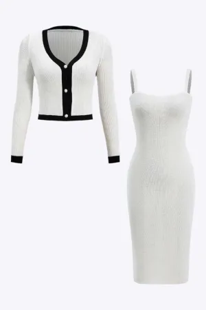 Willow - Stylish V Neck Patchwork Woman's Cardigan and Slip Dress Set