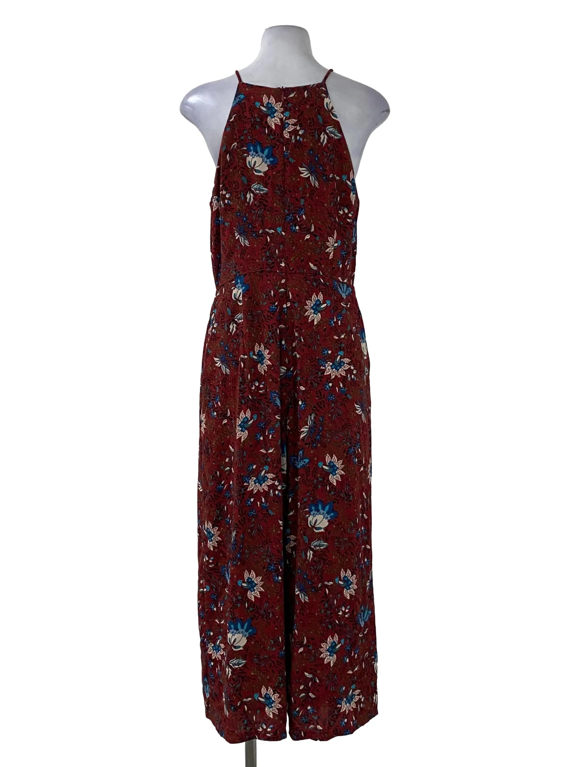 Wine Red Halter Neck Floral Prints Jumpsuit