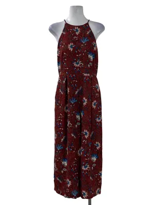 Wine Red Halter Neck Floral Prints Jumpsuit