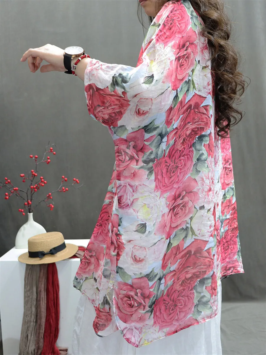 Women Artsy Flower Button 100%Ramie Loose Shirt