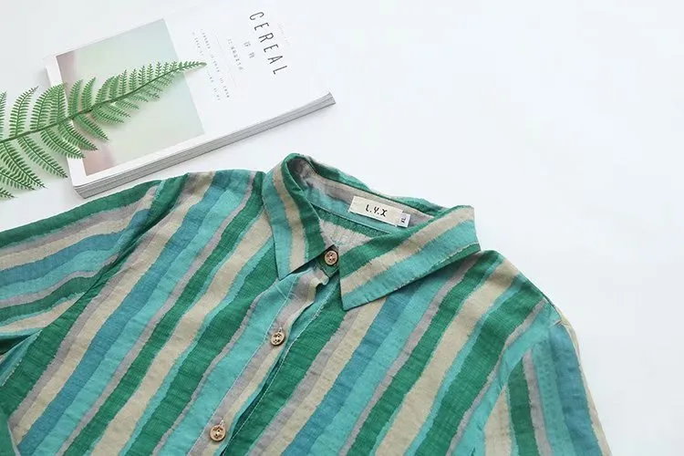 Women Autumn Stripe Lapel Neck Blouses Loose  Tops