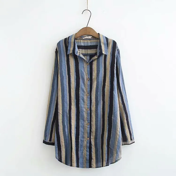 Women Autumn Stripe Lapel Neck Blouses Loose  Tops