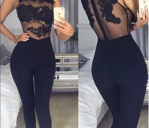 Women Bodycon jumpsuit Black Lace Bodysuit Female Transparent Mesh Embroidery Rompers Flower Jumpsuit