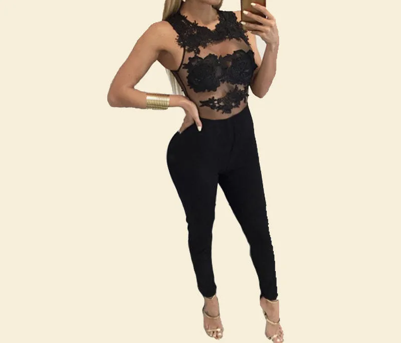 Women Bodycon jumpsuit Black Lace Bodysuit Female Transparent Mesh Embroidery Rompers Flower Jumpsuit