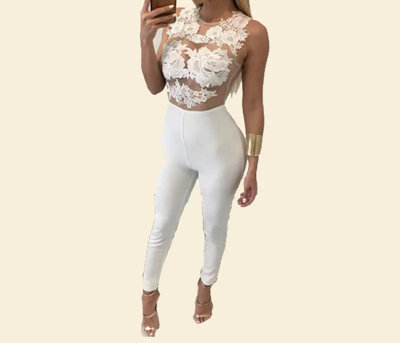 Women Bodycon jumpsuit Black Lace Bodysuit Female Transparent Mesh Embroidery Rompers Flower Jumpsuit