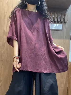 Women Casual Pure Color O-Neck Cotton Loose Shirt