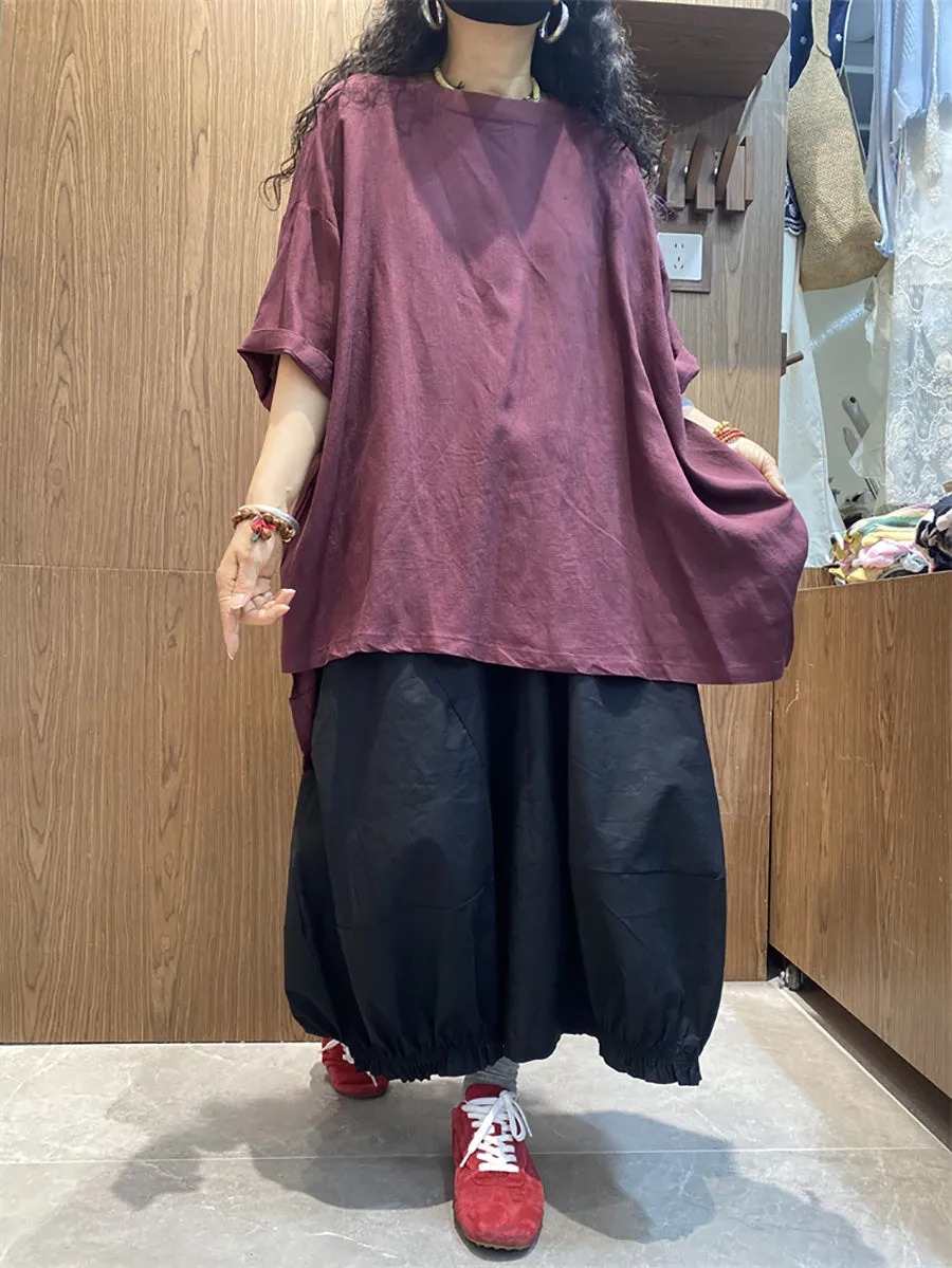 Women Casual Pure Color O-Neck Cotton Loose Shirt