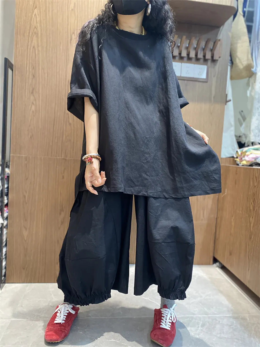 Women Casual Pure Color O-Neck Cotton Loose Shirt