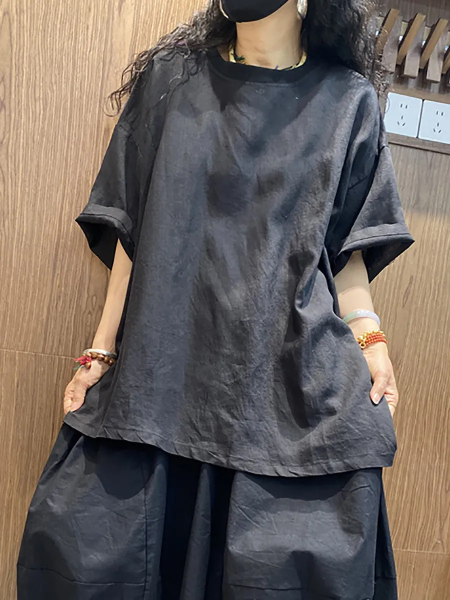 Women Casual Pure Color O-Neck Cotton Loose Shirt