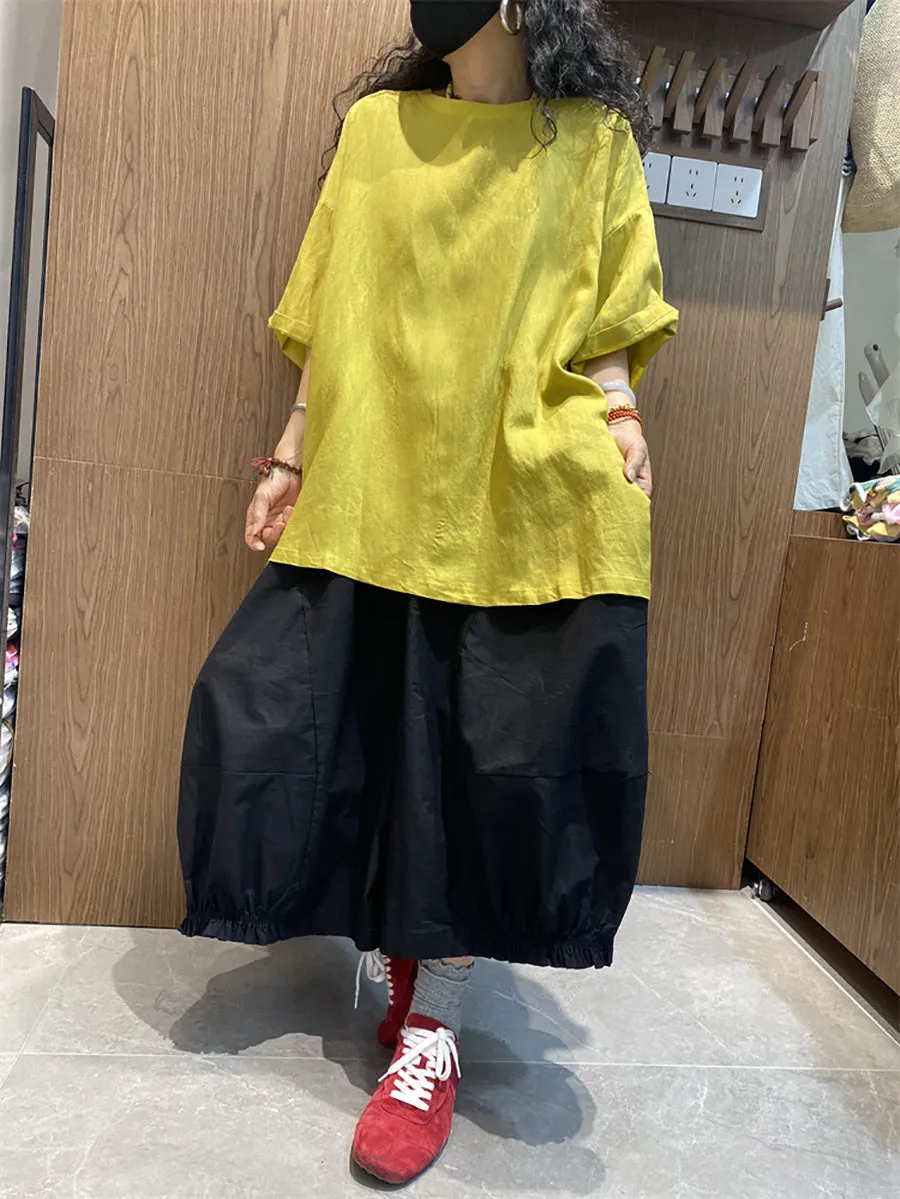 Women Casual Pure Color O-Neck Cotton Loose Shirt
