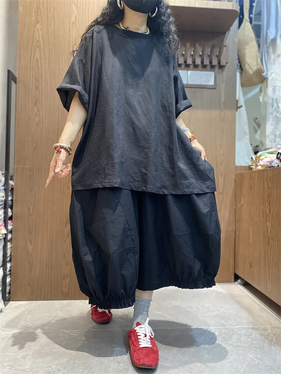 Women Casual Pure Color O-Neck Cotton Loose Shirt