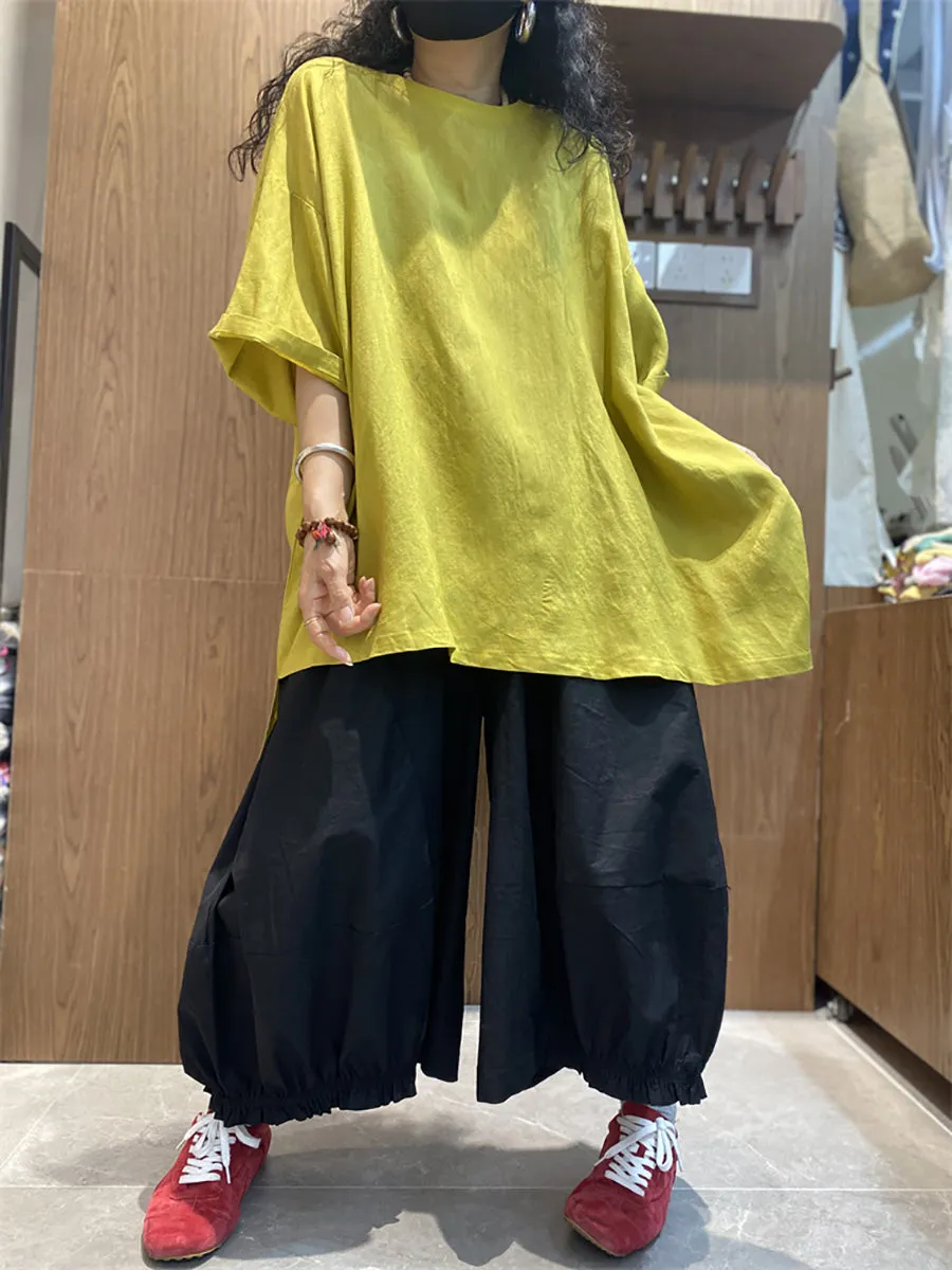 Women Casual Pure Color O-Neck Cotton Loose Shirt