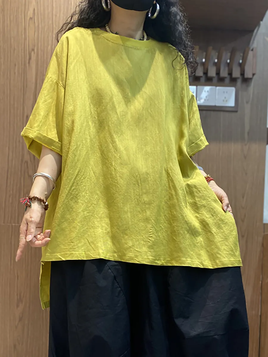 Women Casual Pure Color O-Neck Cotton Loose Shirt