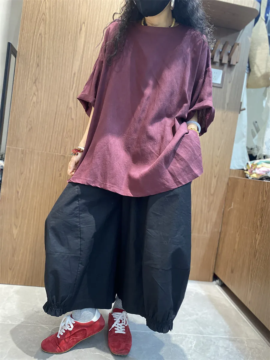 Women Casual Pure Color O-Neck Cotton Loose Shirt