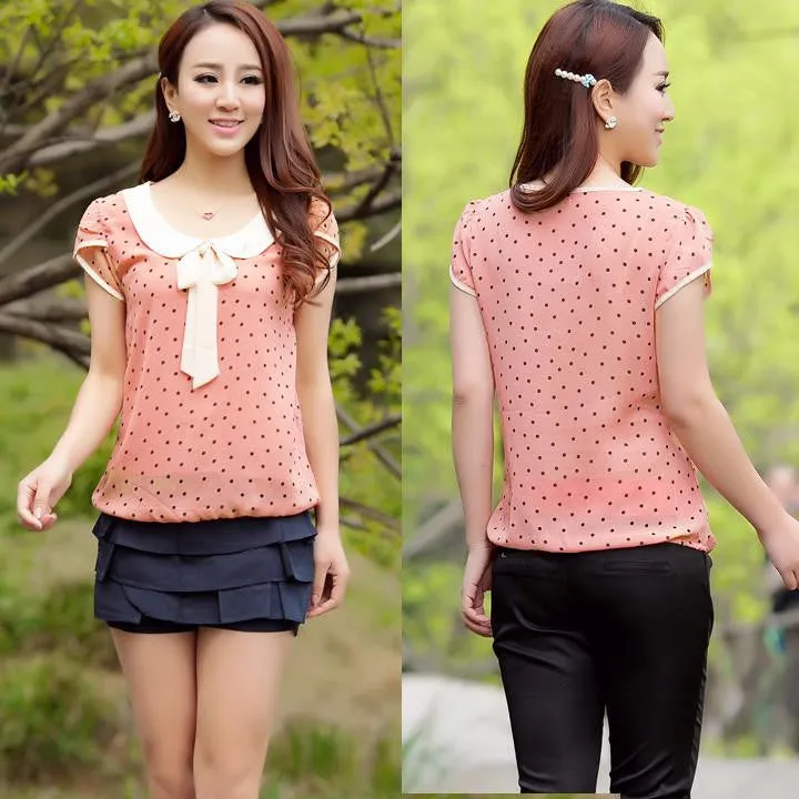 Women Chiffon Shirt Blouse Casual Sweet Female Doll Collar Short Sleeve Tops Polka Dot Blouses Shirt