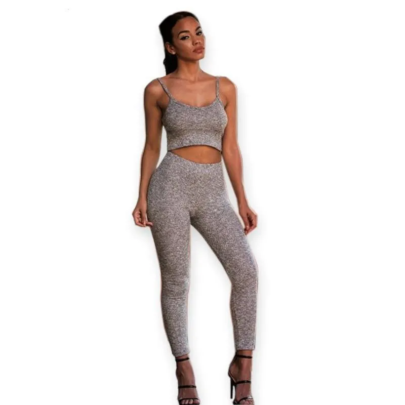 Women Jumpsuit Tow pieces Knitted Rompers outfits Long Pants Rompers Jumpsuit 2 Piece Set Crop Tops Bodycon Palysuit Gray