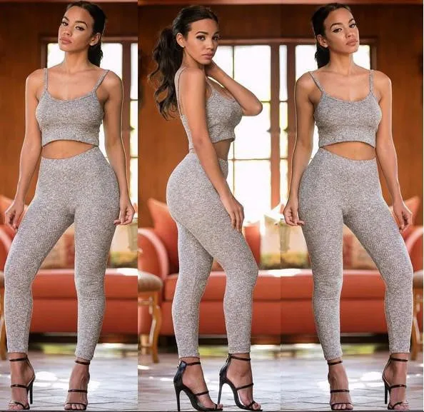 Women Jumpsuit Tow pieces Knitted Rompers outfits Long Pants Rompers Jumpsuit 2 Piece Set Crop Tops Bodycon Palysuit Gray