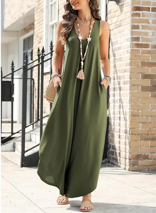 Women Sleeveless V Neck Flared Wide Leg Jumpsuits