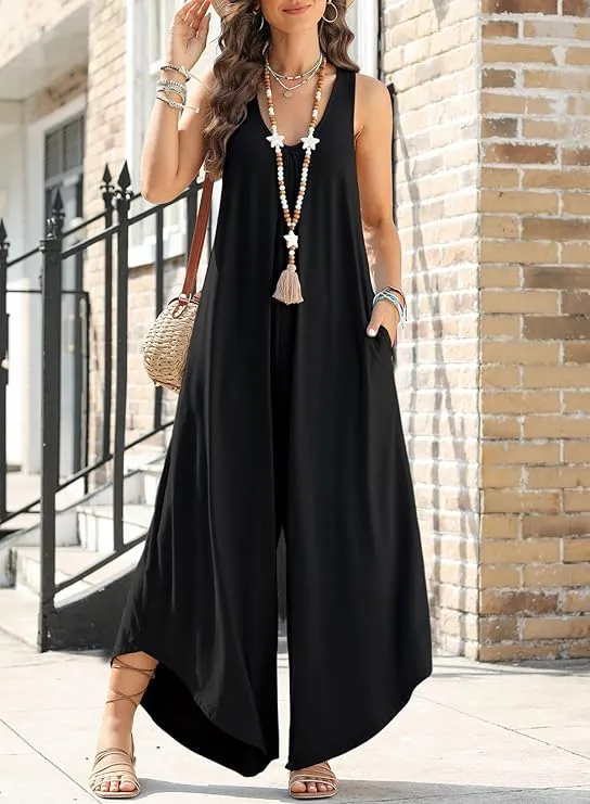 Women Sleeveless V Neck Flared Wide Leg Jumpsuits