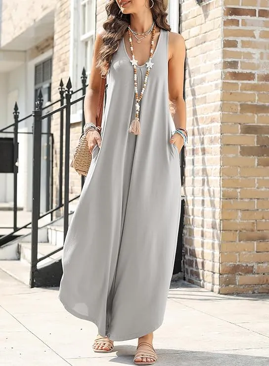 Women Sleeveless V Neck Flared Wide Leg Jumpsuits