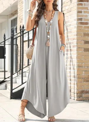 Women Sleeveless V Neck Flared Wide Leg Jumpsuits