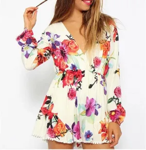 Women spring Summer Jumpsuits Flower printing playsuit Floral Printed Rompers 0952