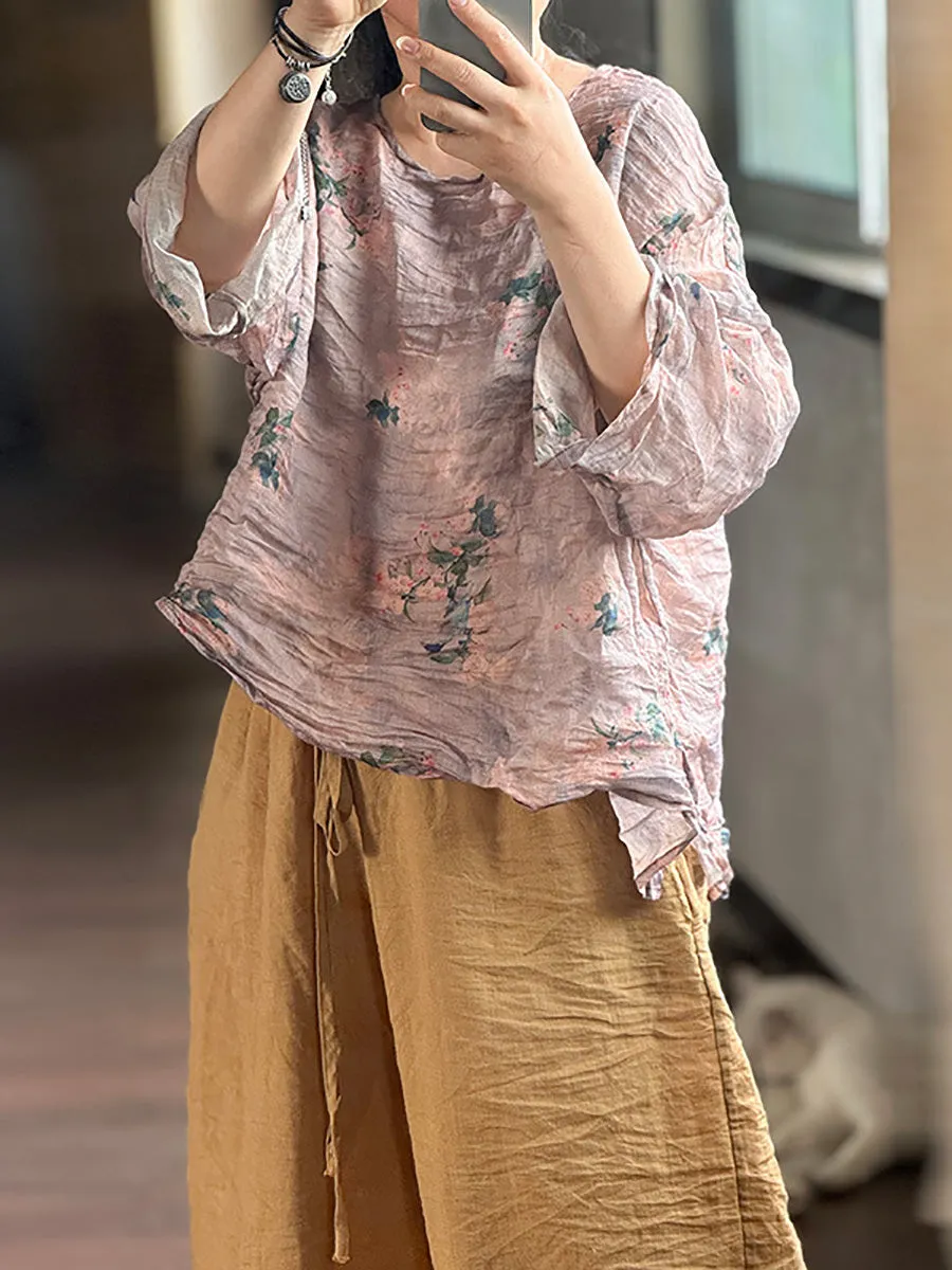 Women Summer Artsy Floral Thin Loose Ramie Blouse