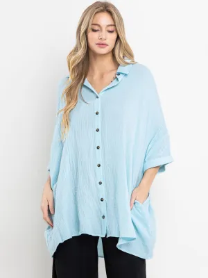 WOMEN'S 3/4 SLEEVE BUTTON UP FRONT POCKETS TUNIC BLOUSE