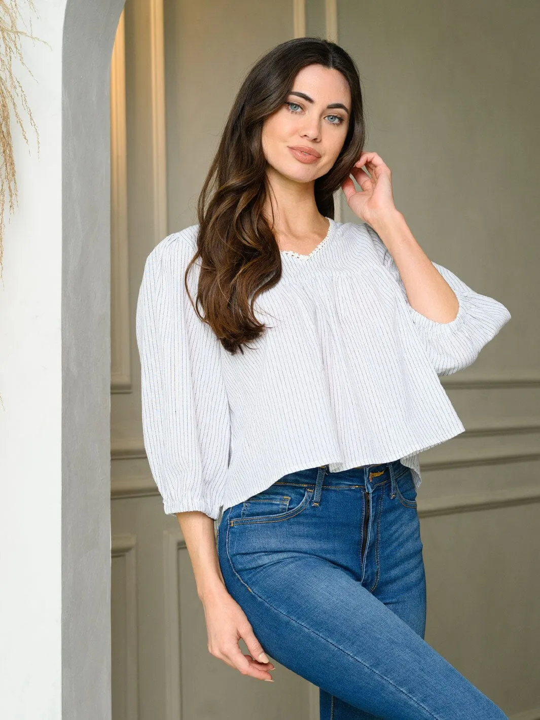 WOMEN'S 3/4 SLEEVE V-NECK BABYDOLL TUNIC TOP