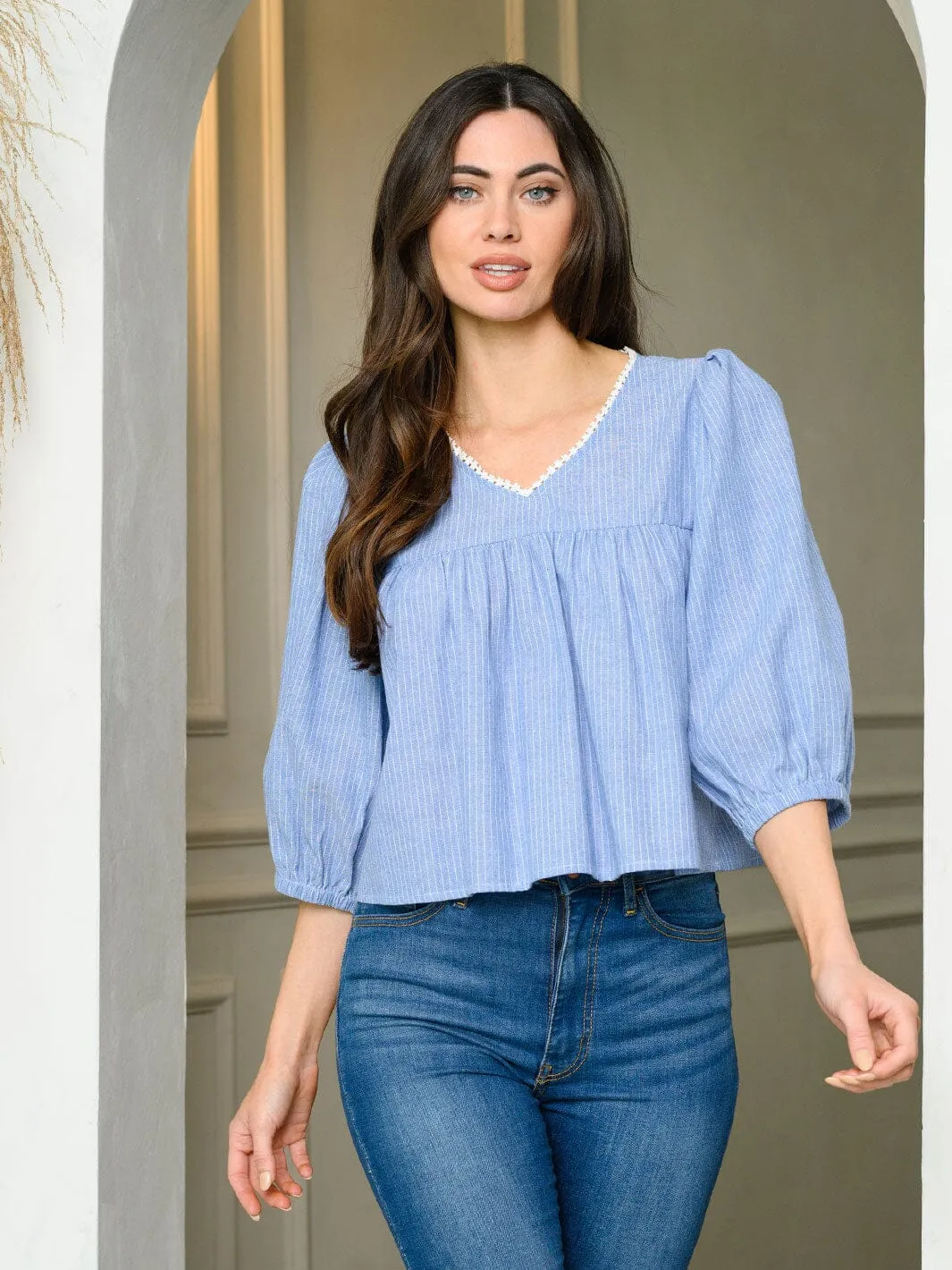 WOMEN'S 3/4 SLEEVE V-NECK BABYDOLL TUNIC TOP