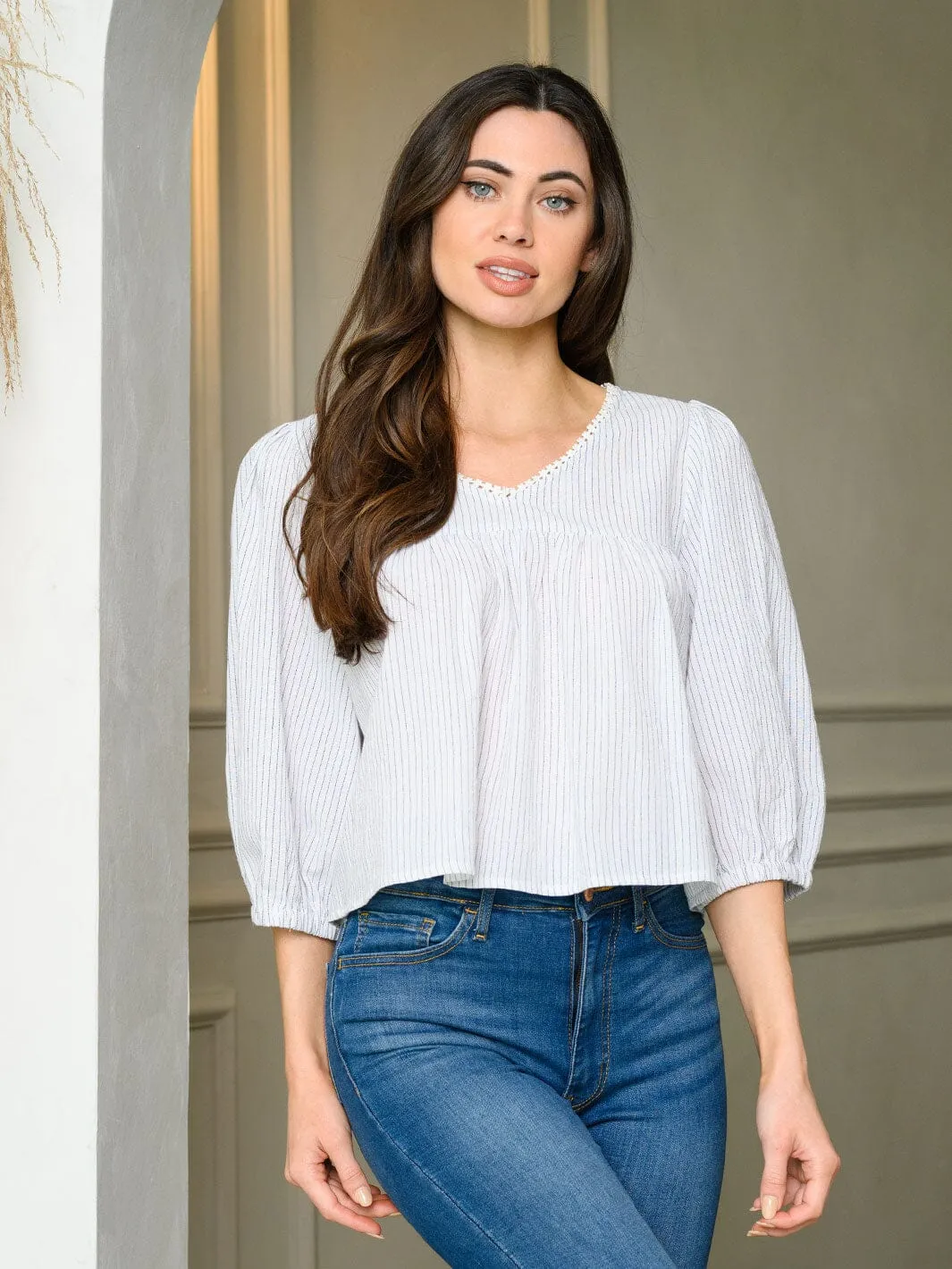 WOMEN'S 3/4 SLEEVE V-NECK BABYDOLL TUNIC TOP