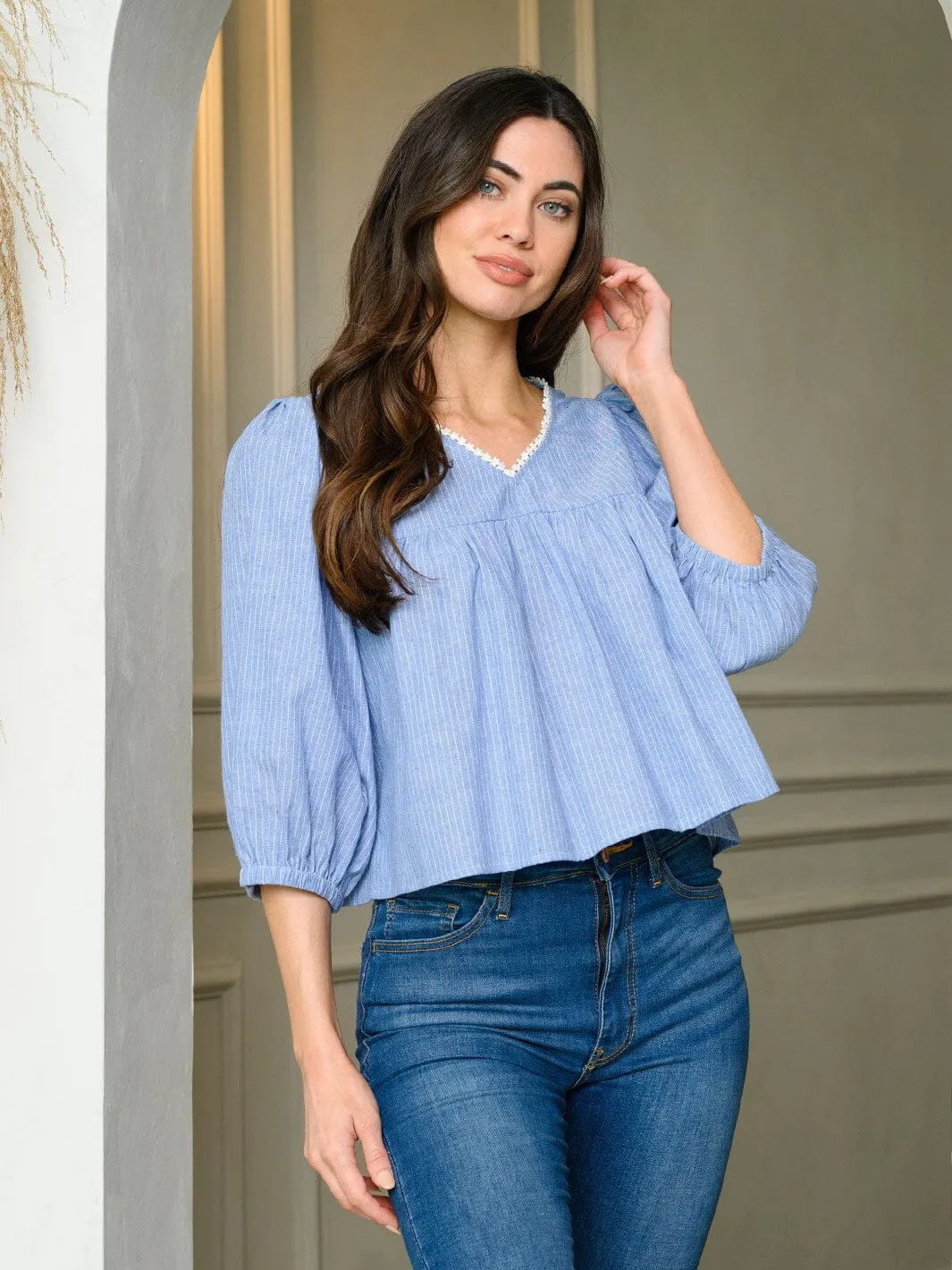 WOMEN'S 3/4 SLEEVE V-NECK BABYDOLL TUNIC TOP